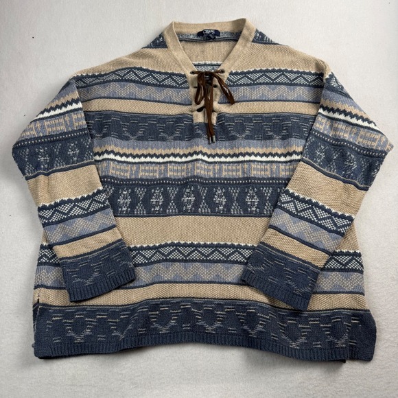 Chaps Sweaters - Chaps Womens Blue Tan Southwestern Fair Isle Lace Up V-Neck Knit Sweater‎ Large